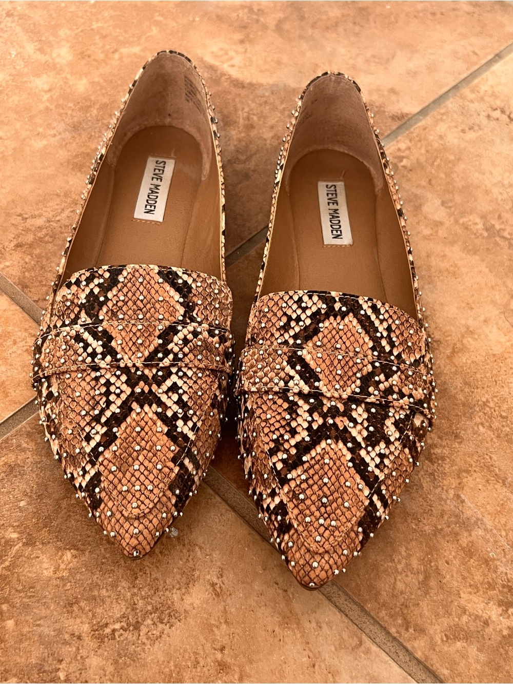 Steve Madden Tan and Black Snake-Print Pointed Loafers
